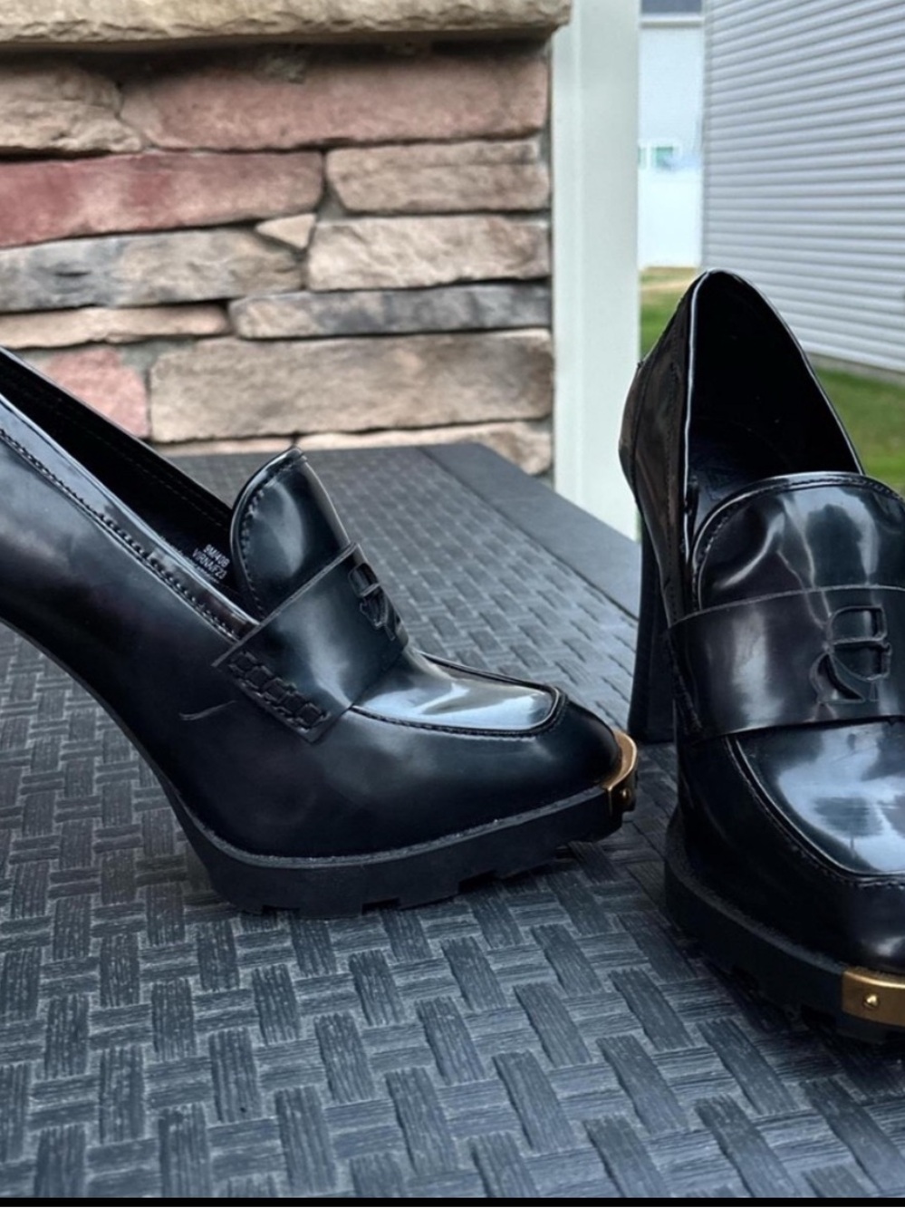 Karl Lagerfeld Black Patent Leather Platform Loafer Heels